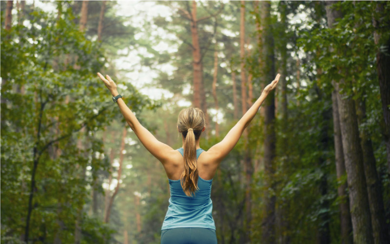 Woman Hands Raised In Forest